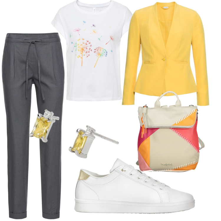 Outfit donna - Grigio e giallo. Abbinamento con pantaloni, blazer, t-shirt, sneakers, orecchini, zaini.