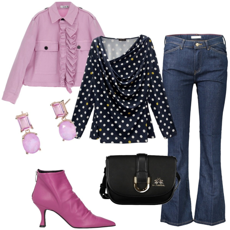 Outfit donna - W la mamma!. Stile 70s per Serata fuori. Abbinamento con stivaletti, orecchini, blazer, jeans, t-shirt, borse a tracolla.