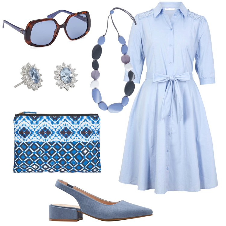 Outfit donna - L’azzurro fa primavera. Stile Bon Ton per Tutti i giorni. Abbinamento con décolleté, vestiti chemisier, orecchini, occhiali da sole, collane, pochette.
