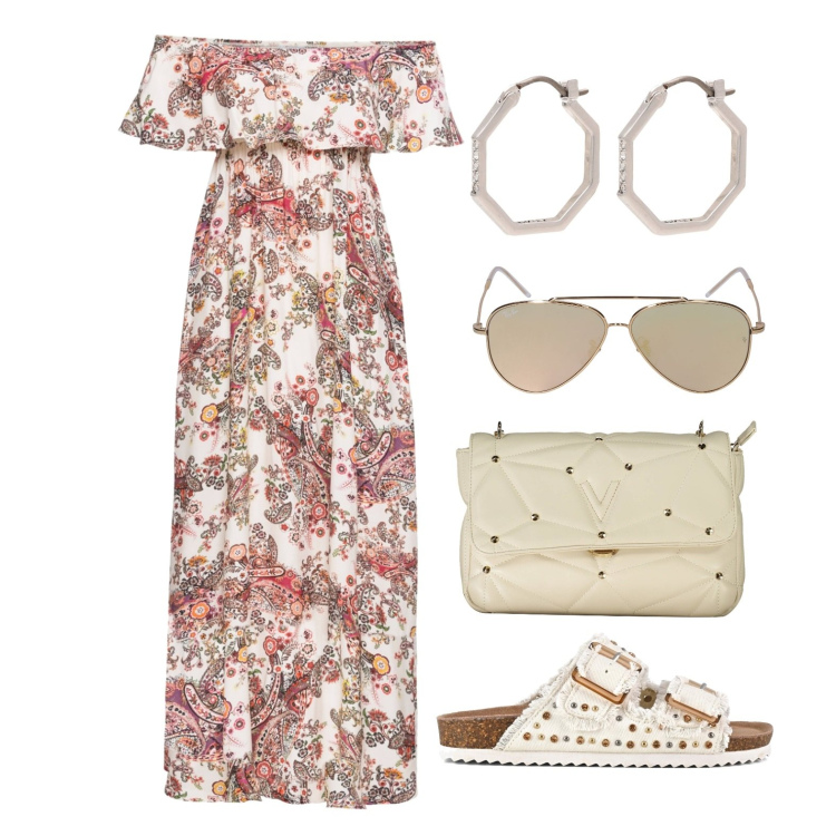 Outfit donna - Ghost outfitter - maggio. Stile Minimal per Tutti i giorni. Abbinamento con vestiti lunghi, orecchini, sandali, borse a tracolla, occhiali da sole.