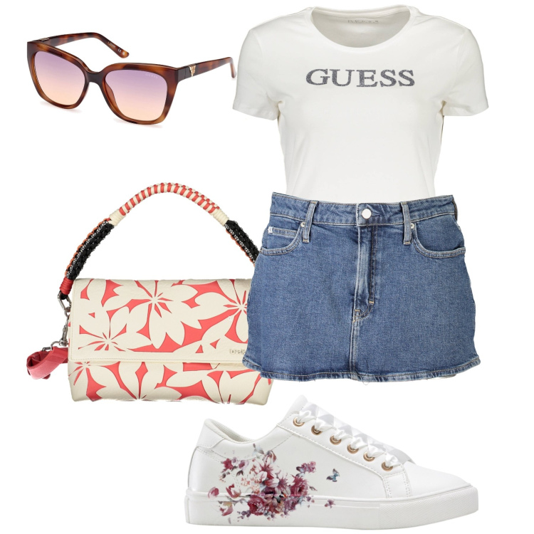 Outfit donna - Le sneakers fiorite. Stile Preppy per Tutti i giorni. Abbinamento con sneakers, t-shirt, occhiali da sole, borse a spalla, gonne.