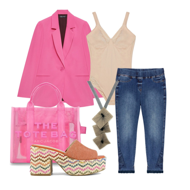 Outfit donna - Ghost outfitter - maggio. Stile Casual chic per Tutti i giorni. Abbinamento con ciondoli, jeggings, body, blazer, sandali, shopping bag.