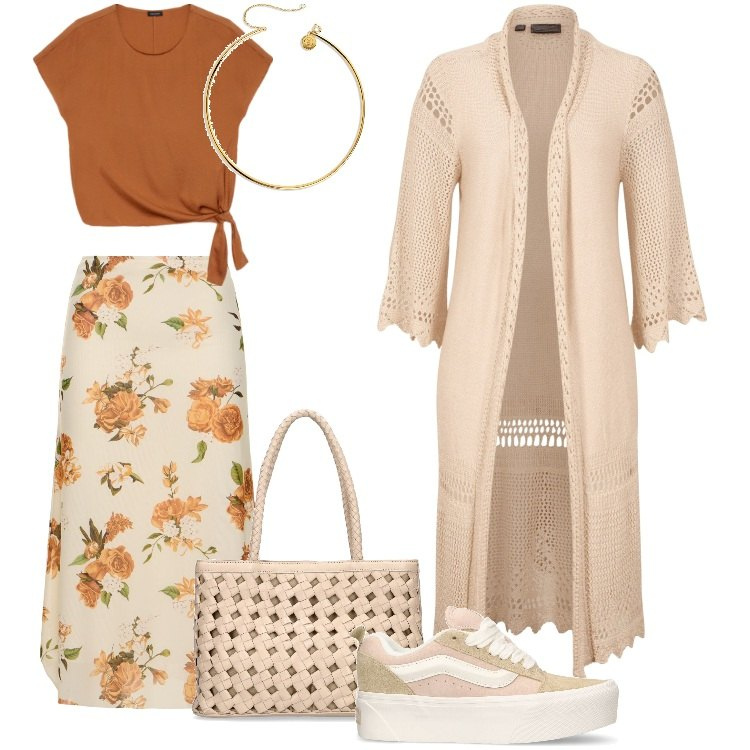 Outfit donna - Una rosa Arancione-Maggio. Stile Boho per Tutti i giorni. Abbinamento con cardigans, collane, bluse, gonne longuette, borse a spalla, sneakers.