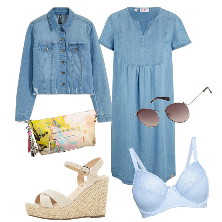 Outfit donna - Denim donna. Stile Casual chic per Tutti i giorni. Abbinamento con vestiti, reggiseno, blazer, sandali, borse a tracolla, occhiali da sole.