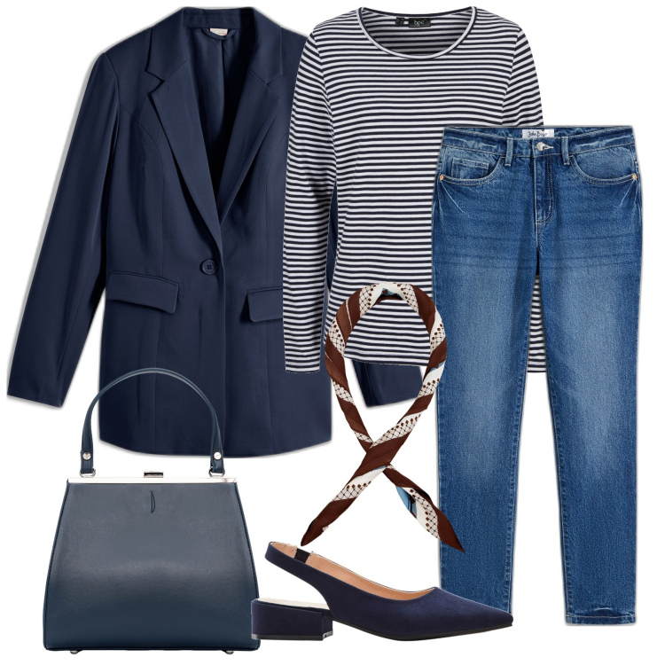 Outfit donna - Stile francese. Stile Casual chic per Ufficio. Abbinamento con jeans slim fit, maglieria, blazer, décolleté, foulard, clutch.