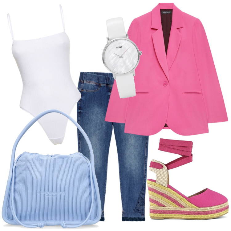 Outfit donna - Rosa office. Stile Casual per Ufficio. look ideale per Petite. Abbinamento con orologi, espadrillas, blazer, jeggings, body, borse a mano.