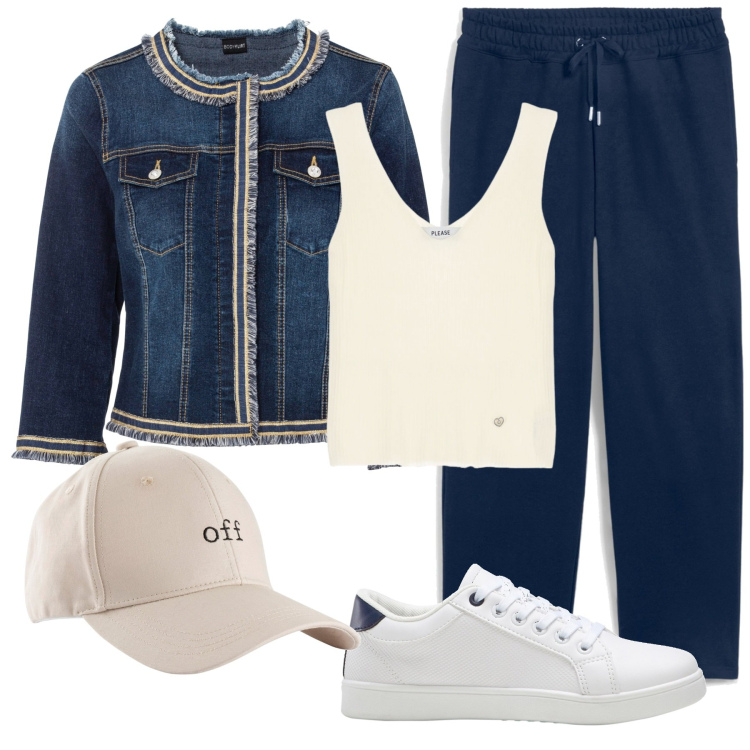 Outfit donna - Una giornata con mamma. Stile Sporty chic per Tutti i giorni. Abbinamento con blazer, cappelli con visiera, sneakers, pantaloni, top.