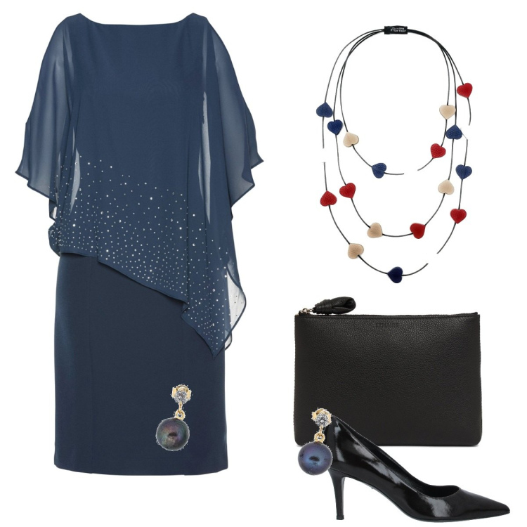 Outfit donna - Il vestito sopra la 50. Stile Chic per Serata fuori. Abbinamento con vestiti a tubino, décolleté, orecchini, collane, pochette.
