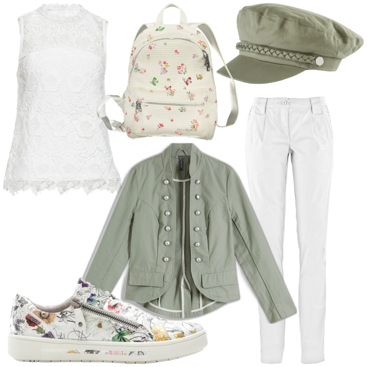 Outfit donna - Se esco torno stanotte. Stile Romantica per Tutti i giorni. Abbinamento con cappelli, pantaloni chino, top, blazer, sneakers, zaini.