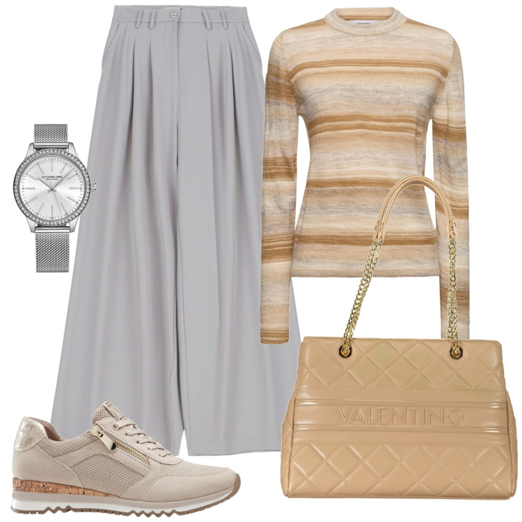 Outfit donna - L\'ufficio essenziale. Stile Basic per Ufficio. Abbinamento con sneakers, orologi, pantaloni a palazzo, maglieria, borse a spalla.