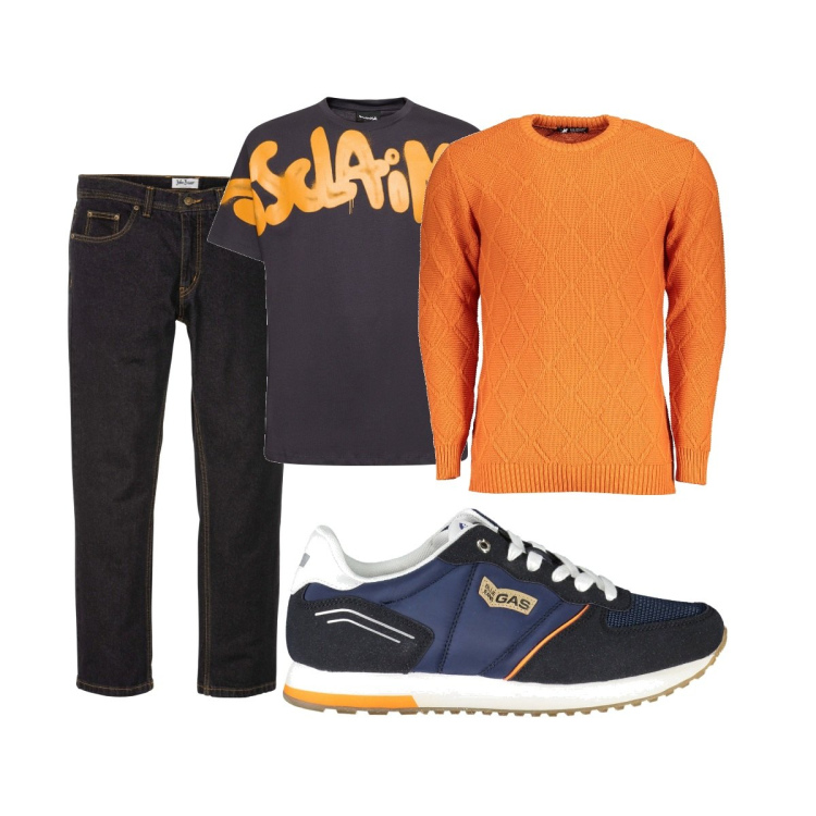 Outfit uomo - Total look #1869244. Stile Trendy per Tutti i giorni. Abbinamento con jeans dritti, t-shirt, scarpe sportive, maglieria.