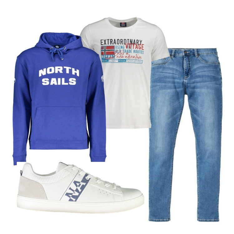 Outfit uomo - Total look #1869272. Stile Casual per Tutti i giorni. Abbinamento con jeans, t-shirt, scarpe sportive, felpe con cappuccio.