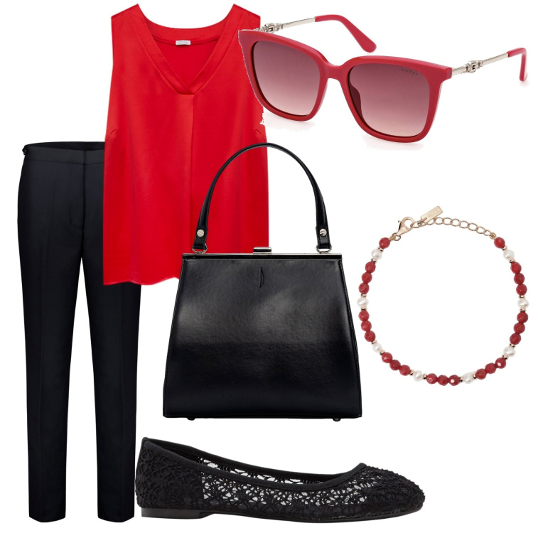 Outfit donna - Rossonero o nerorosso. Stile Basic per Ufficio. Abbinamento con ballerine, braccialetti, pantaloni, occhiali da sole, top, clutch.
