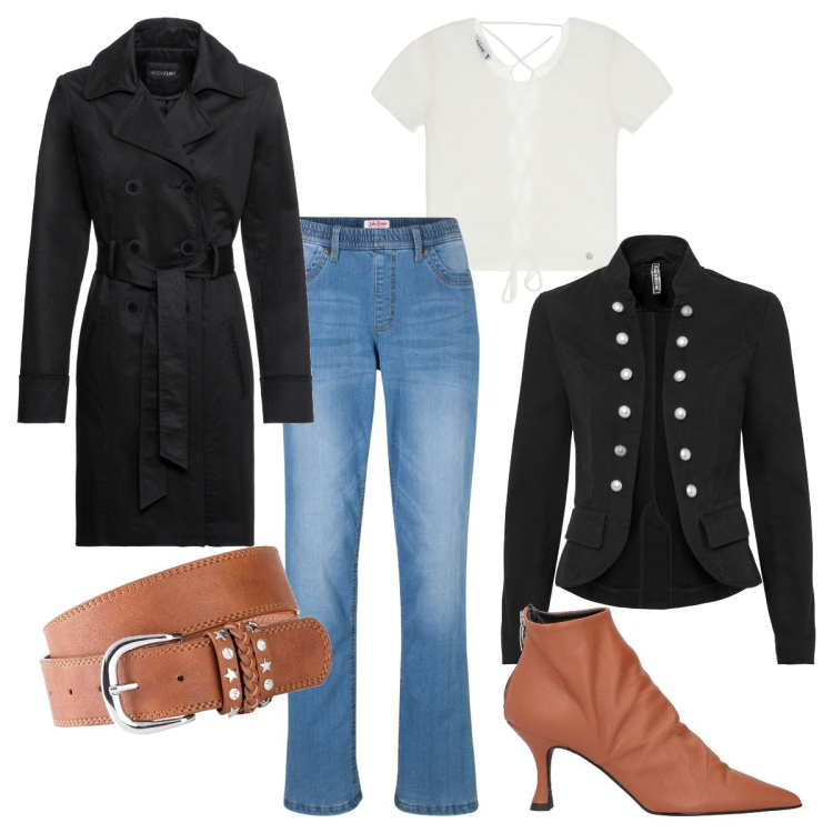 Outfit donna - Perfetta a strati. Stile Casual chic per Serata fuori. Abbinamento con trench, cinture, blazer, jeans dritti, stivaletti, maglieria.