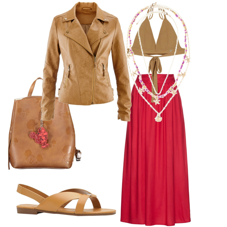 Outfit donna - Rosso e cuoio. Stile Urban per Tutti i giorni. Abbinamento con gonne lunghe, sandali, blazer, ciondoli, top, zaini.