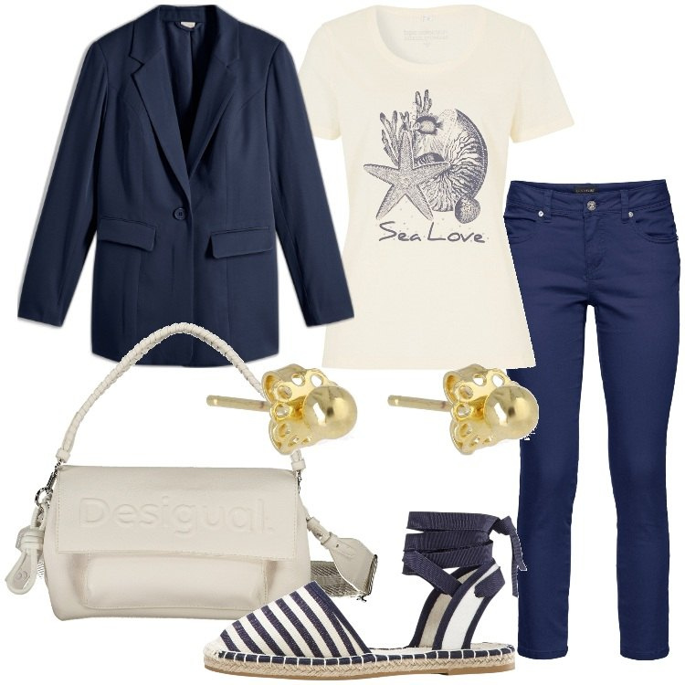 Outfit donna - La giacca blu sempre perfetta!. Stile Basic per Tutti i giorni. Abbinamento con t-shirt, pantaloni, blazer, espadrillas, borse a spalla, orecchini.