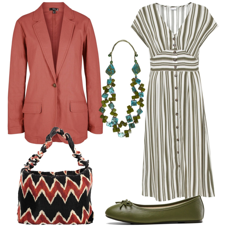 Outfit donna - La giacca per tutto il giorno. Stile Casual chic per Tutti i giorni. Abbinamento con vestiti, blazer, ballerine, borse a spalla, collane.
