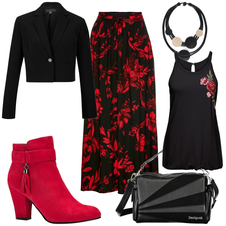 Outfit donna - Di rosso e nero. Stile Minimal per Serata fuori. Abbinamento con gonne lunghe, stivaletti, top, blazer, collane, borse a spalla.