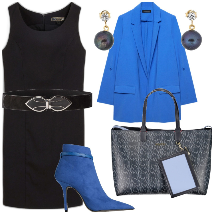 Outfit donna - Di nero e d\'azzurro. Stile Casual chic per Serata fuori. Abbinamento con cinture, vestiti a tubino, stivaletti, orecchini, blazer, borse a spalla.