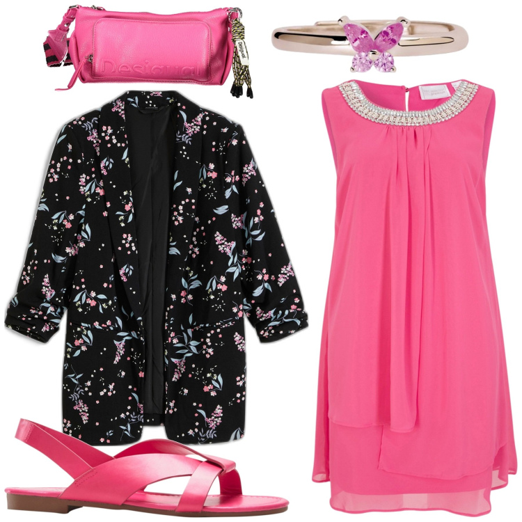 Outfit donna - Di rosa e di nero. Stile Casual chic per Serata fuori. Abbinamento con blazer, vestiti, sandali, anelli, borse a spalla.