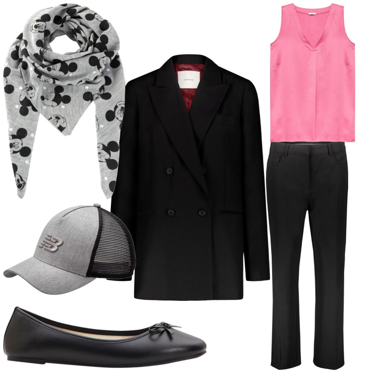 Outfit donna - Con te rimango bambina. Stile Casual chic per Tutti i giorni. Abbinamento con ballerine, foulard, cappelli con visiera, pantaloni, top, blazer.