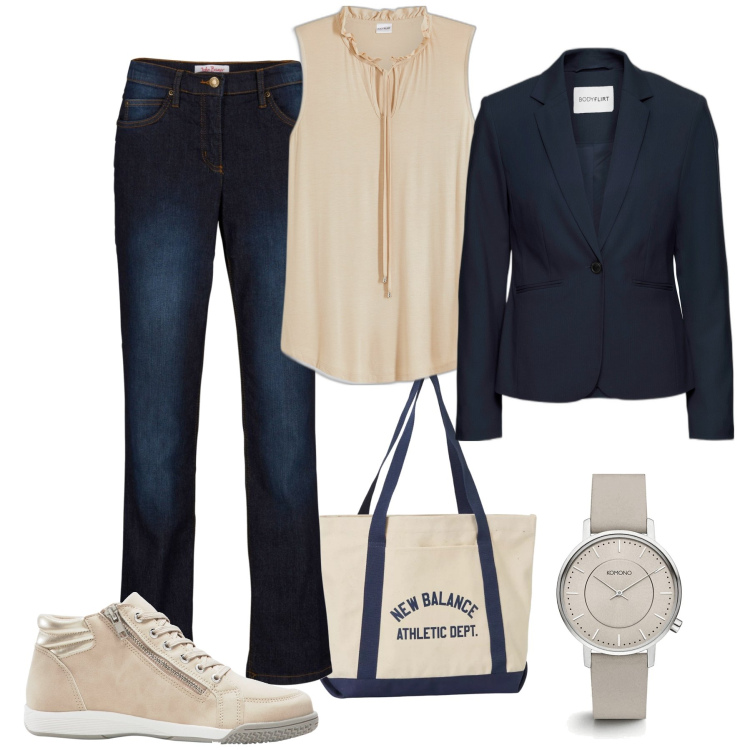 Outfit donna - Il blazer blu passpartout. Stile Sporty chic per Tutti i giorni. Abbinamento con blazer, jeans dritti, sneakers alte, top, orologi, borse tote.