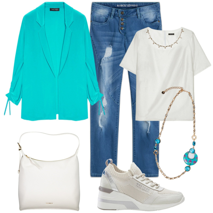 Outfit donna - La giacca per tutto il giorno. Stile Casual chic per Tutti i giorni. Abbinamento con sneakers, jeans boyfriend, blazer, borse a spalla, ciondoli, bluse.