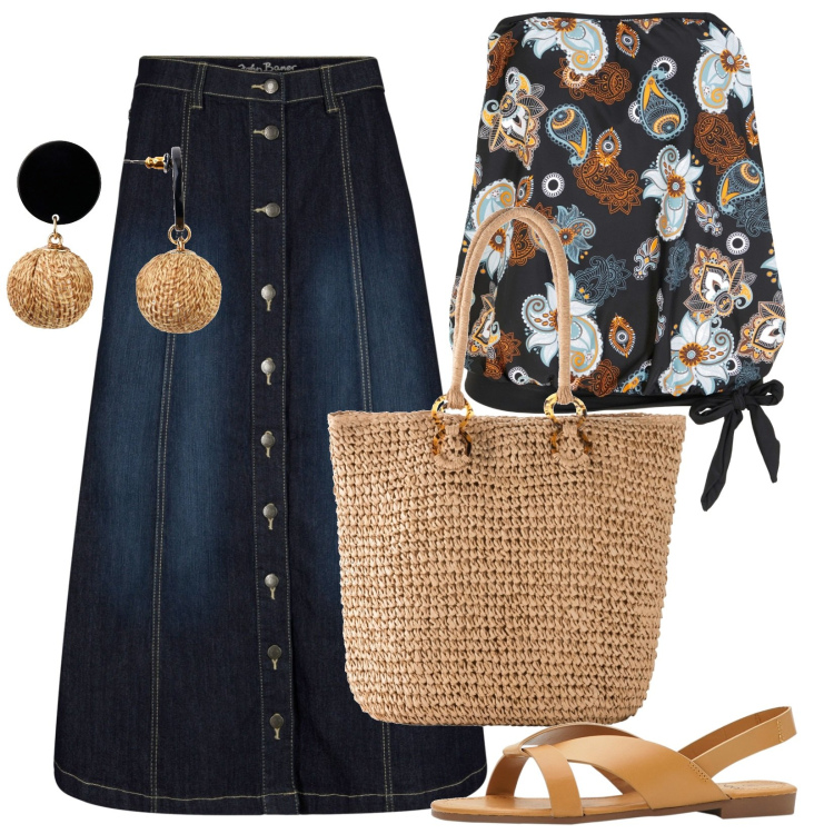 Outfit donna - Curvy easy summer. Stile Trendy per Tutti i giorni. Abbinamento con gonne longuette, sandali, orecchini, top, shopping bag.