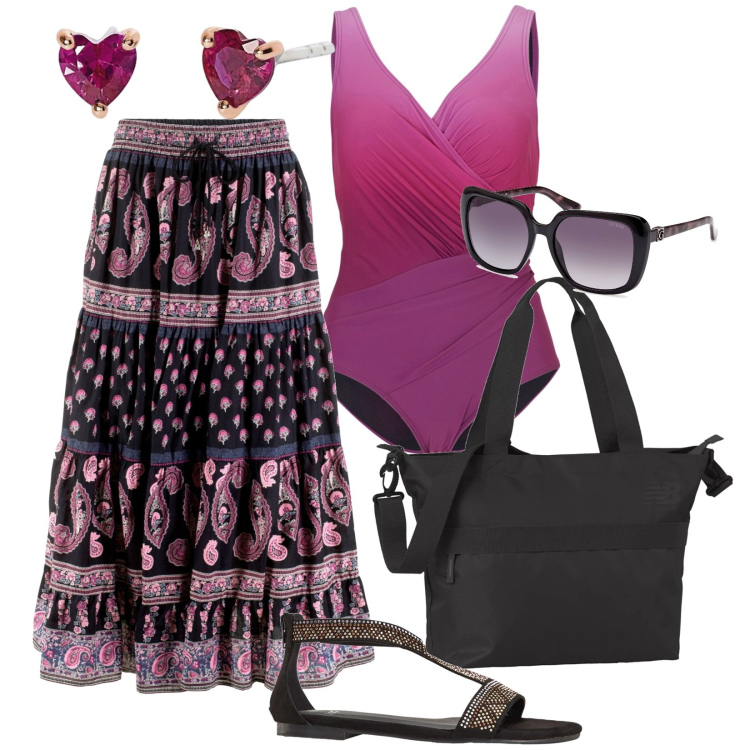 Outfit donna - Curvy al mare. Stile Casual per Mare. Abbinamento con gonne lunghe, costumi interi, sandali, orecchini, borse tote, occhiali da sole.