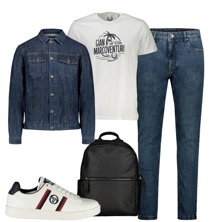 Outfit uomo - Tempo libero. Stile Casual per Tutti i giorni. Abbinamento con borse sportive, jeans, giacche, scarpe sportive, t-shirt.