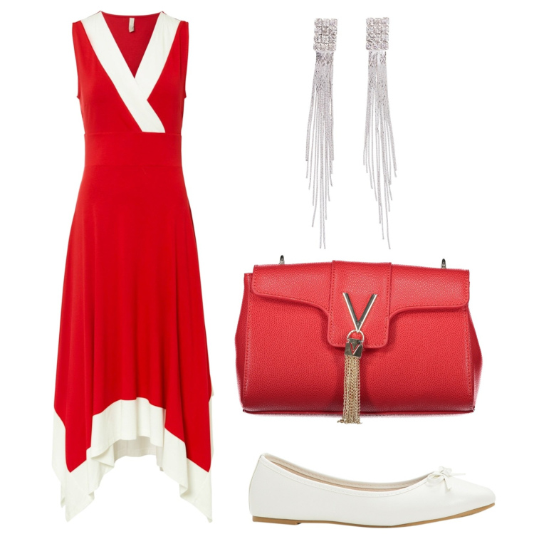 Outfit donna - Curvy in rosso. Stile Casual per Tutti i giorni. Abbinamento con orecchini, ballerine, vestiti midi/longuette, borse a tracolla.