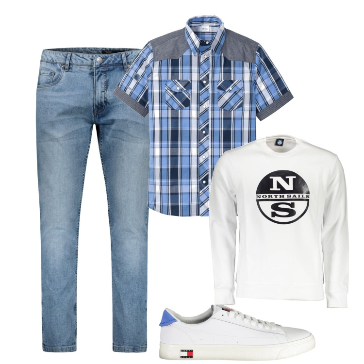Outfit uomo - Total look #1869416. Stile Casual per Tutti i giorni. Abbinamento con camicie a manica corta, felpe, jeans, scarpe sportive.