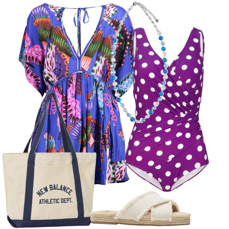 Outfit donna - Curvy al mare in technicolor. Stile Casual per Mare. Abbinamento con ciabatte, costumi interi, borse tote, vestiti corti, collane.