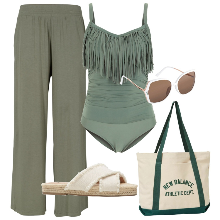 Outfit donna - Vado in spiaggia. Stile Casual per Mare. Abbinamento con pantaloni, ciabatte, costumi interi, occhiali da sole, borse tote.