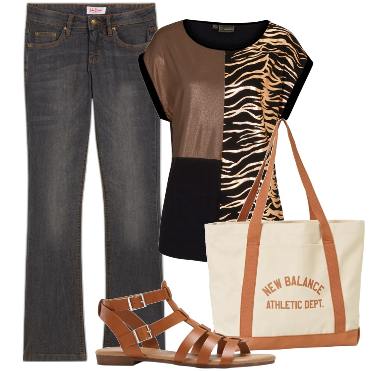 Outfit donna - Un giorno qualunque. Stile Casual per Tutti i giorni. Abbinamento con jeans bootcut, maglieria, sandali, borse tote.