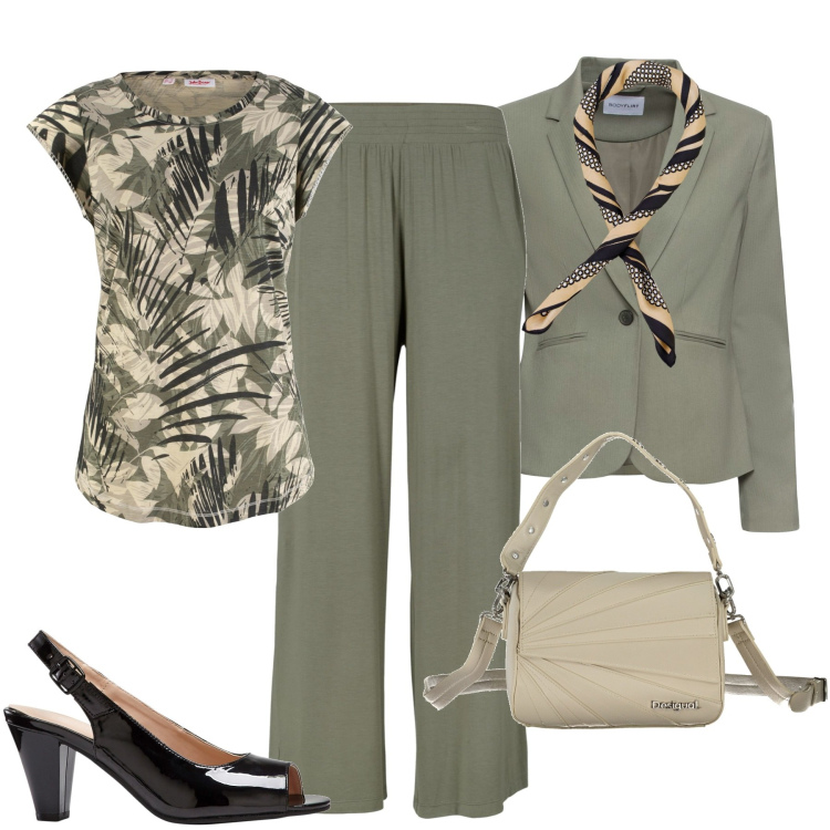 Outfit donna - City. Stile Chic per Tutti i giorni. Abbinamento con pantaloni, blazer, maglieria, décolleté, foulard, borse a spalla.