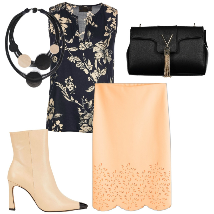 Outfit donna - Cerimonia informale. Stile Casual chic per Cerimonia. Abbinamento con top, gonne, stivaletti, collane, borse a tracolla.