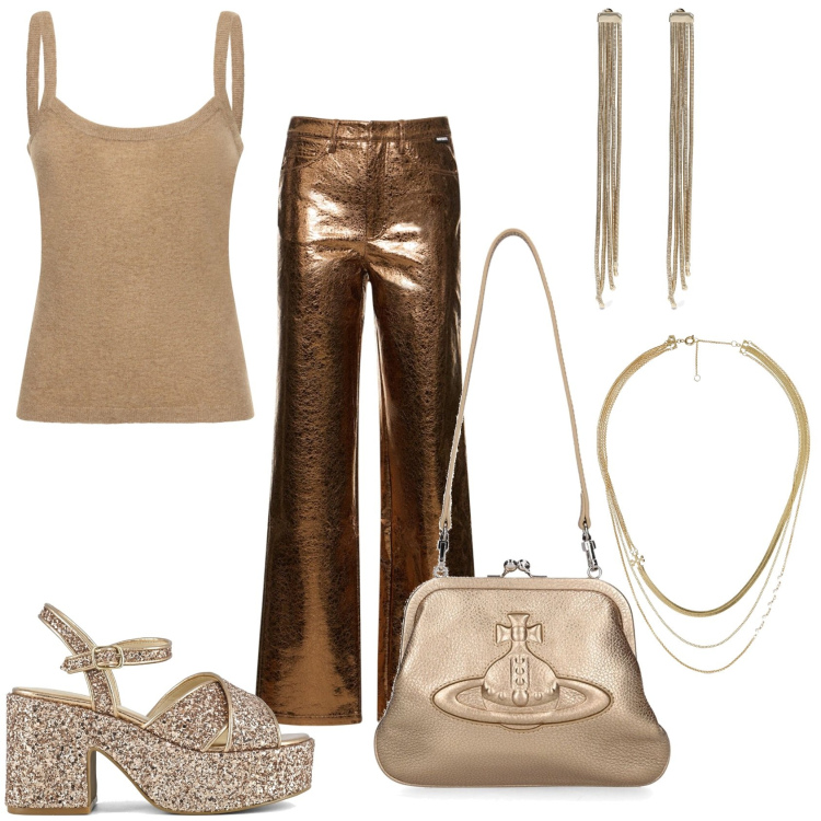 Outfit donna - La serata estiva. Stile Trendy per Serata fuori. Abbinamento con sandali, orecchini, collane, pochette, top, pantaloni.