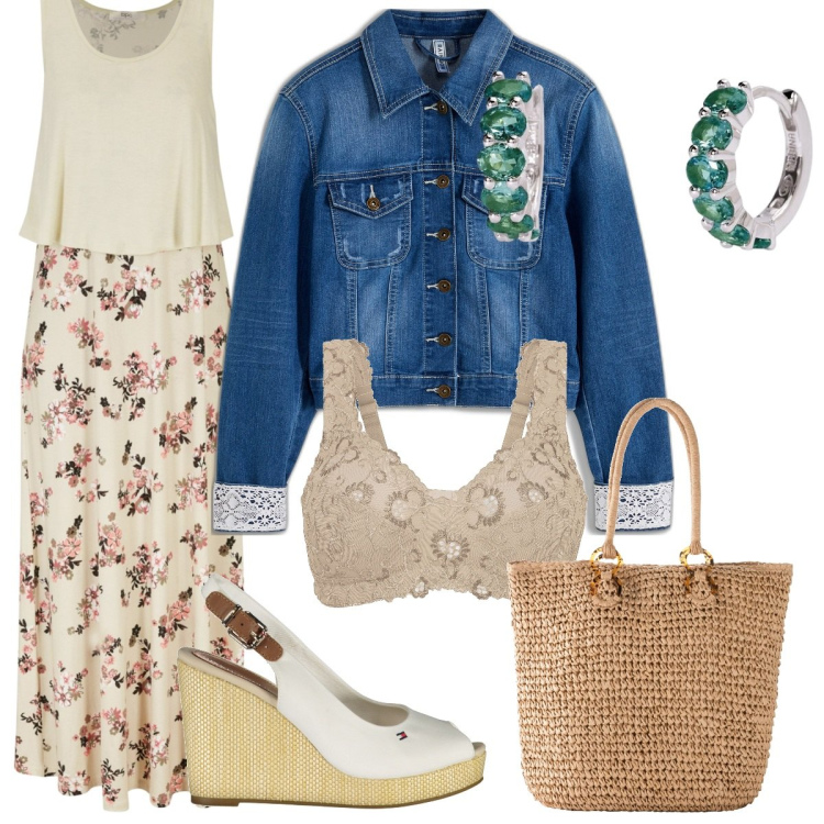 Outfit donna - Vestitio primaverile, Donna curvy. Stile Minimal per Tutti i giorni. Abbinamento con reggiseni, vestiti lunghi, blazer, shopping bag, orecchini, sandali.