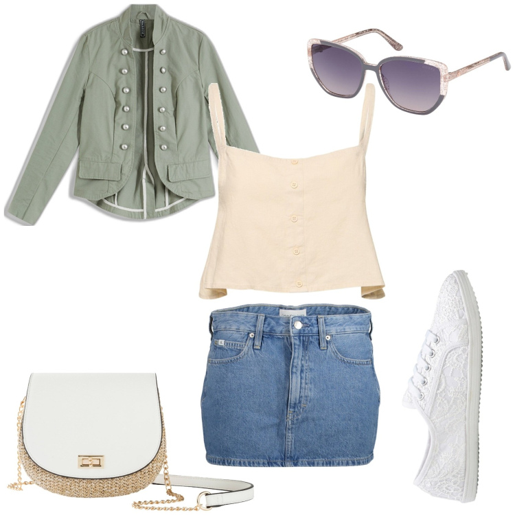 Outfit donna - Total look #1869466. Stile Preppy per Tutti i giorni. Abbinamento con sneakers, blazer, borse a tracolla, minigonne, top, occhiali da sole.