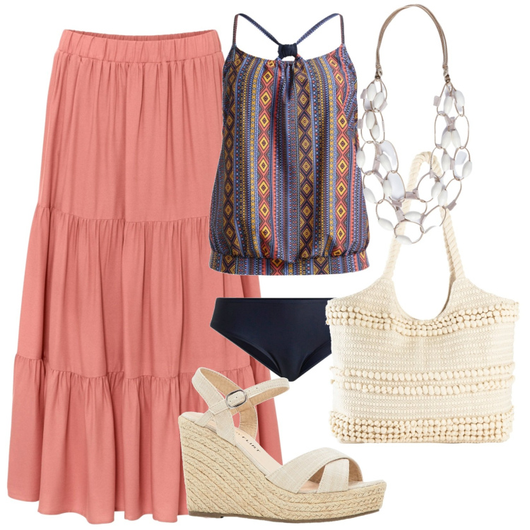 Outfit donna - Il mare corallo. Stile Trendy per Mare. Abbinamento con gonne longuette, sandali, shopping bag, costumi interi, collane.