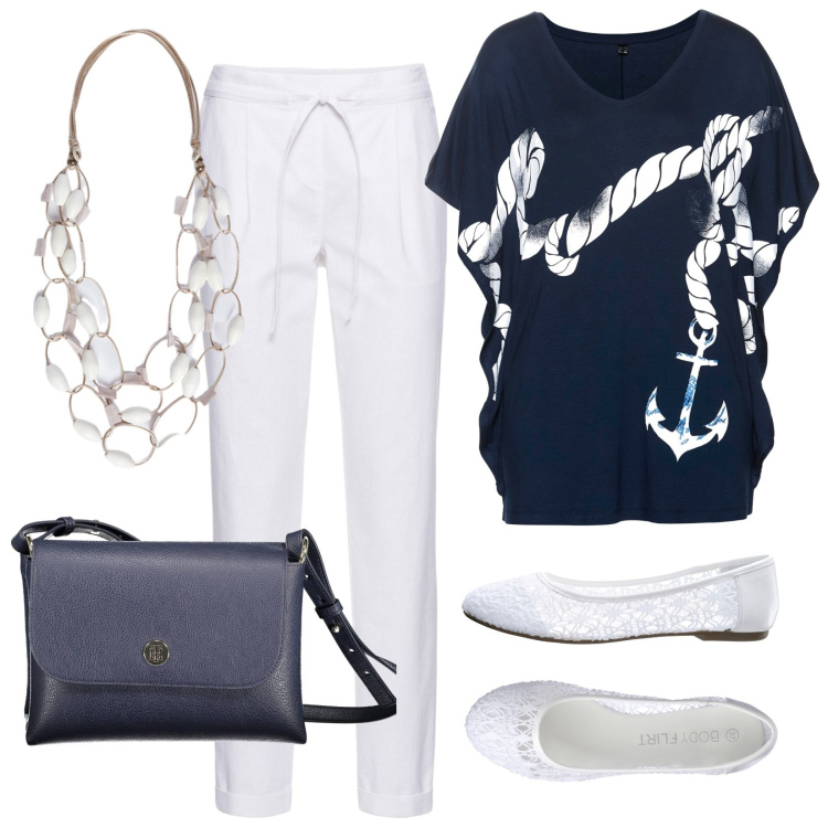 Outfit donna - Curvy in bianco e blu. Stile Trendy per Tutti i giorni. Abbinamento con pantaloni, ballerine, maglieria, collane, borse a spalla.