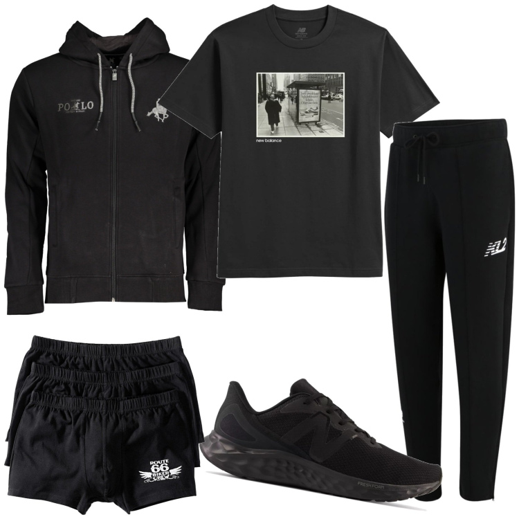 Outfit uomo - Total black. Stile Casual per Tutti i giorni. Abbinamento con boxer, pantaloni, t-shirt, sneakers, felpe con cappuccio.