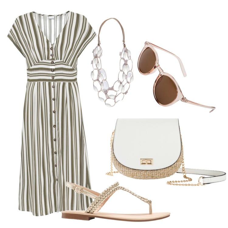 Outfit donna - Il vestito chemisier in ufficio. Stile Minimal per Ufficio. Abbinamento con vestiti, occhiali da sole, ciabatte, borse a tracolla, collane.
