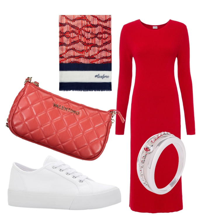 Outfit donna - Rosso Valentino. Stile Glamour per Serata fuori. look ideale per Petite. Abbinamento con anelli, vestiti, sneakers, sciarpe, borse a spalla.