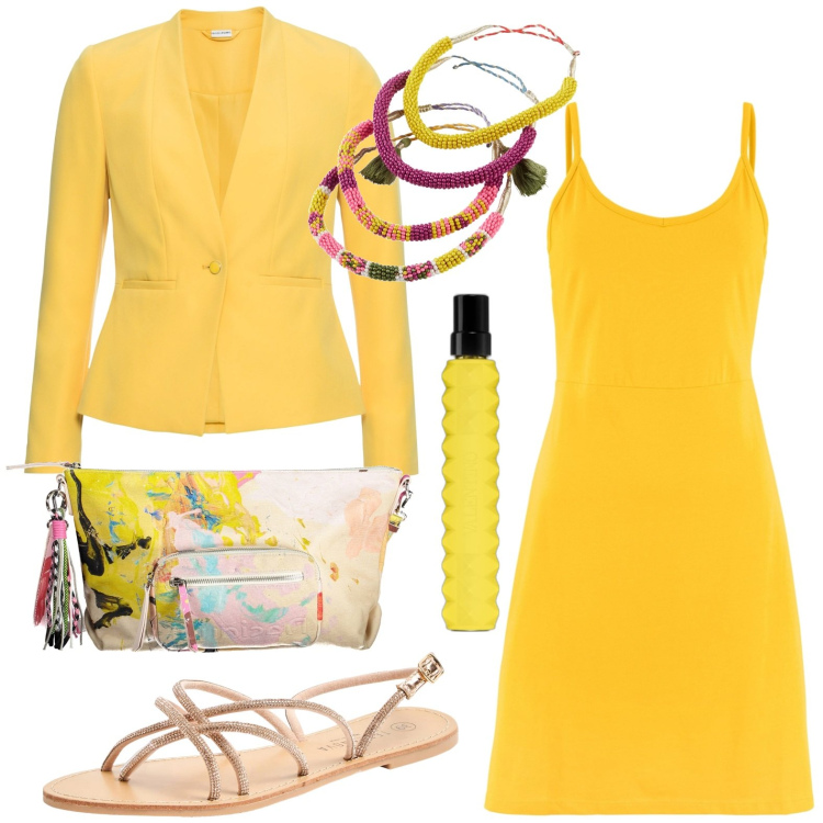 Outfit donna - Giallo sole. Stile Casual per Tutti i giorni. Abbinamento con blazer, vestito corto, braccialetti, profumi, sandali, borse a tracolla.