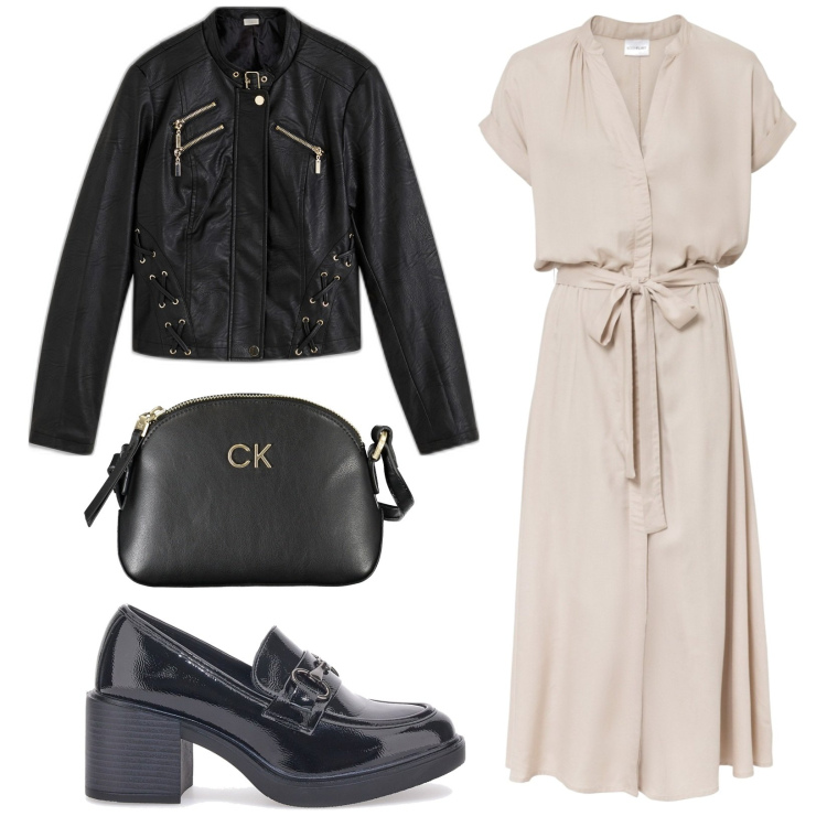 Outfit donna - Abito lungo. Stile Minimal per Ufficio. Abbinamento con vestiti chemisier, blazer, borse a tracolla, mocassini.