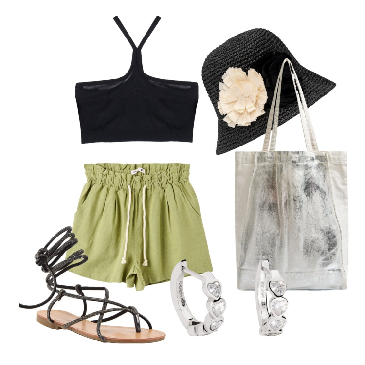 Outfit donna - Ghost outfitter - maggio. Stile Bon Ton per Mare. Abbinamento con shorts, shopping bag, sandali alla schiava, orecchini, top, cappelli.