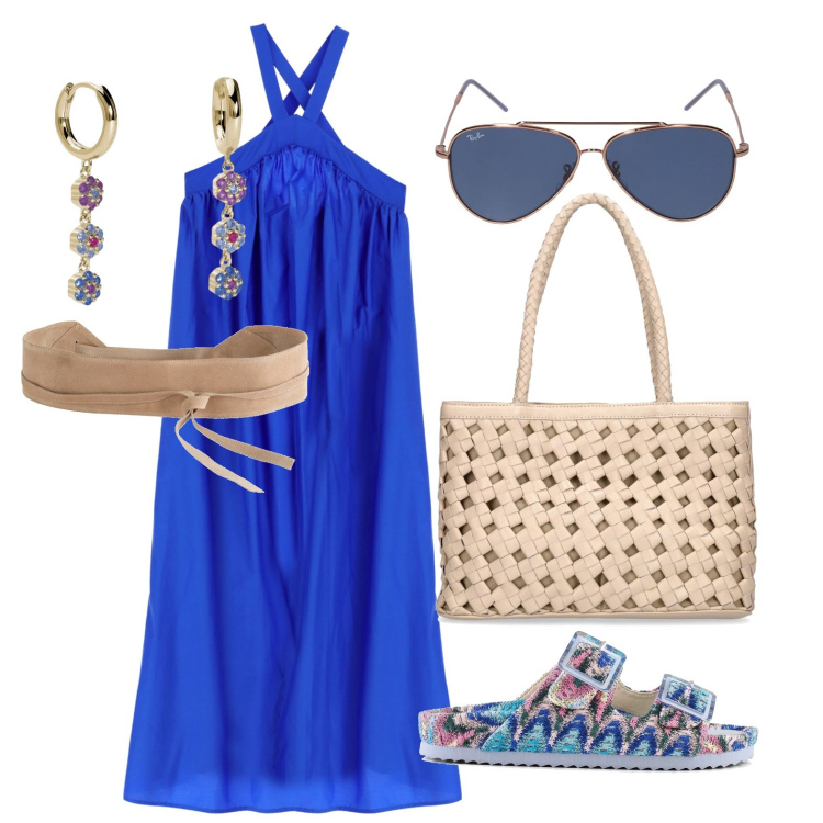 Outfit donna - Ghost outfitter - maggio. Stile Trendy per Tutti i giorni. Abbinamento con cinture, orecchini, vestiti lunghi, sandali, borse a spalla, occhiali da sole.