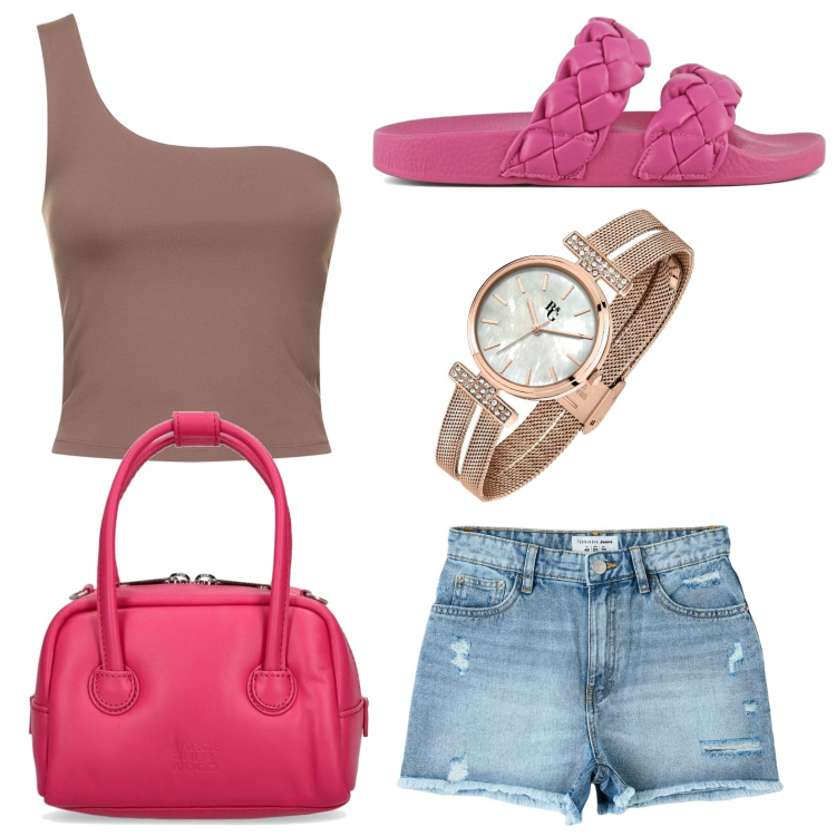 Outfit donna - Short in jeans. Stile Casual per Tutti i giorni. look ideale per Petite. Abbinamento con orologi, shorts, borse a mano, ciabatte, canottiere.